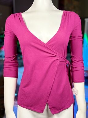 Three Dots Pink Berry Stretch Mercerized Cotton 3/4 Sleeve Wrap Top, Sz XS